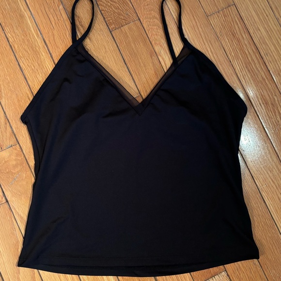 Black Tank Top with Mesh V-neck - Picture 2 of 7